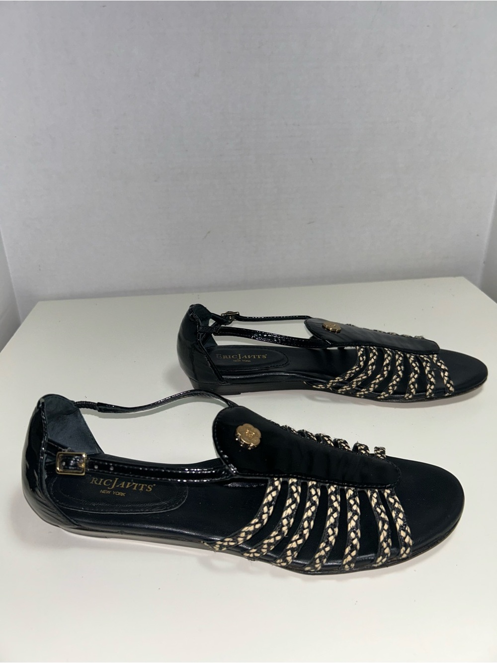 Eric Javits New York Black Greco Braided Leather Straw Gladiator Sandal